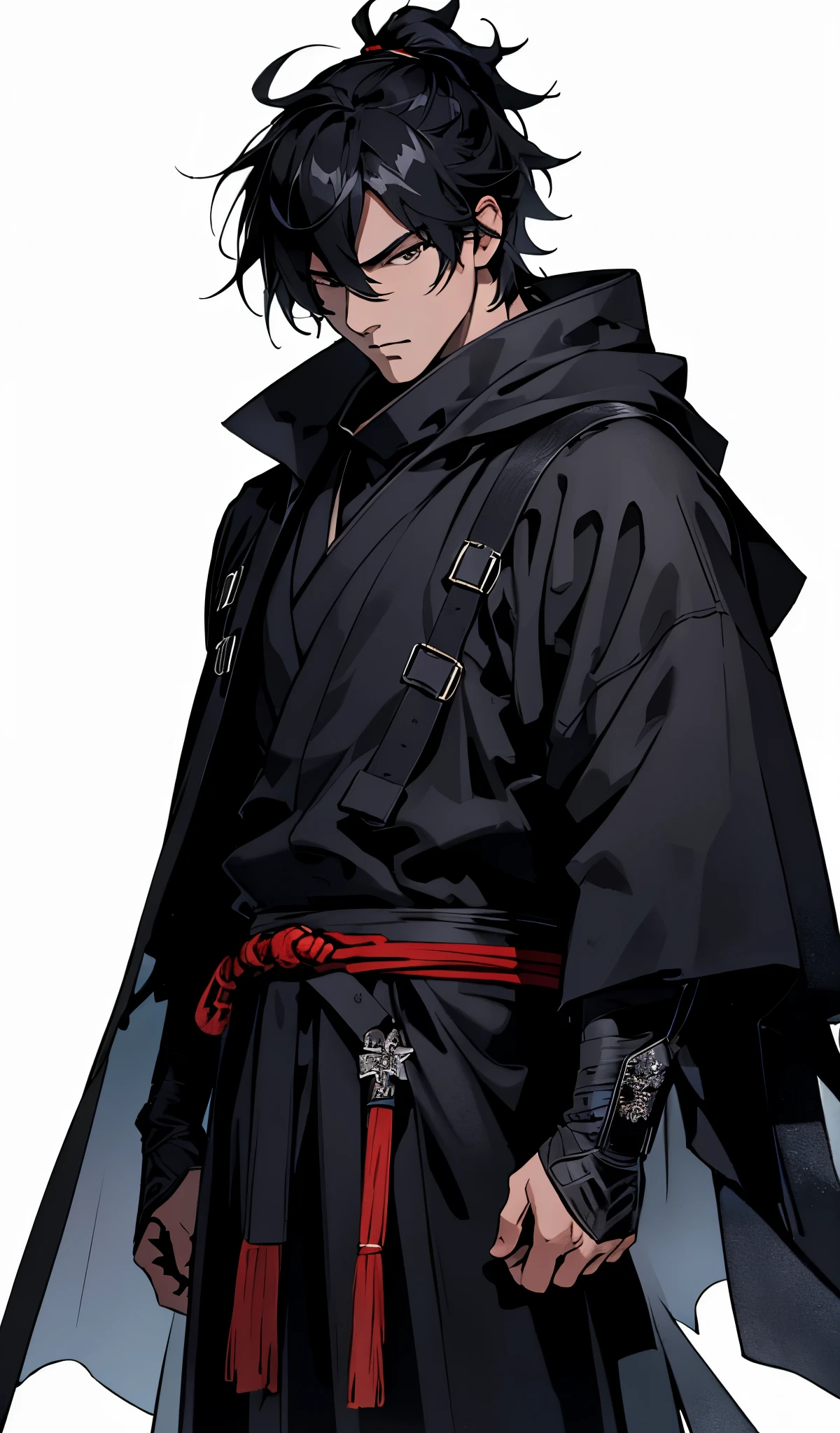 Ultra-detailed,high resolution,Ultra-detailed,Best quality,amazing,quality,Extremely detailed CG unified 8k wallpaper,Transparent Background,Single role,Draw a male character,He was dressed in white,Wearing a black cloak,he has black hair,japanese samurai