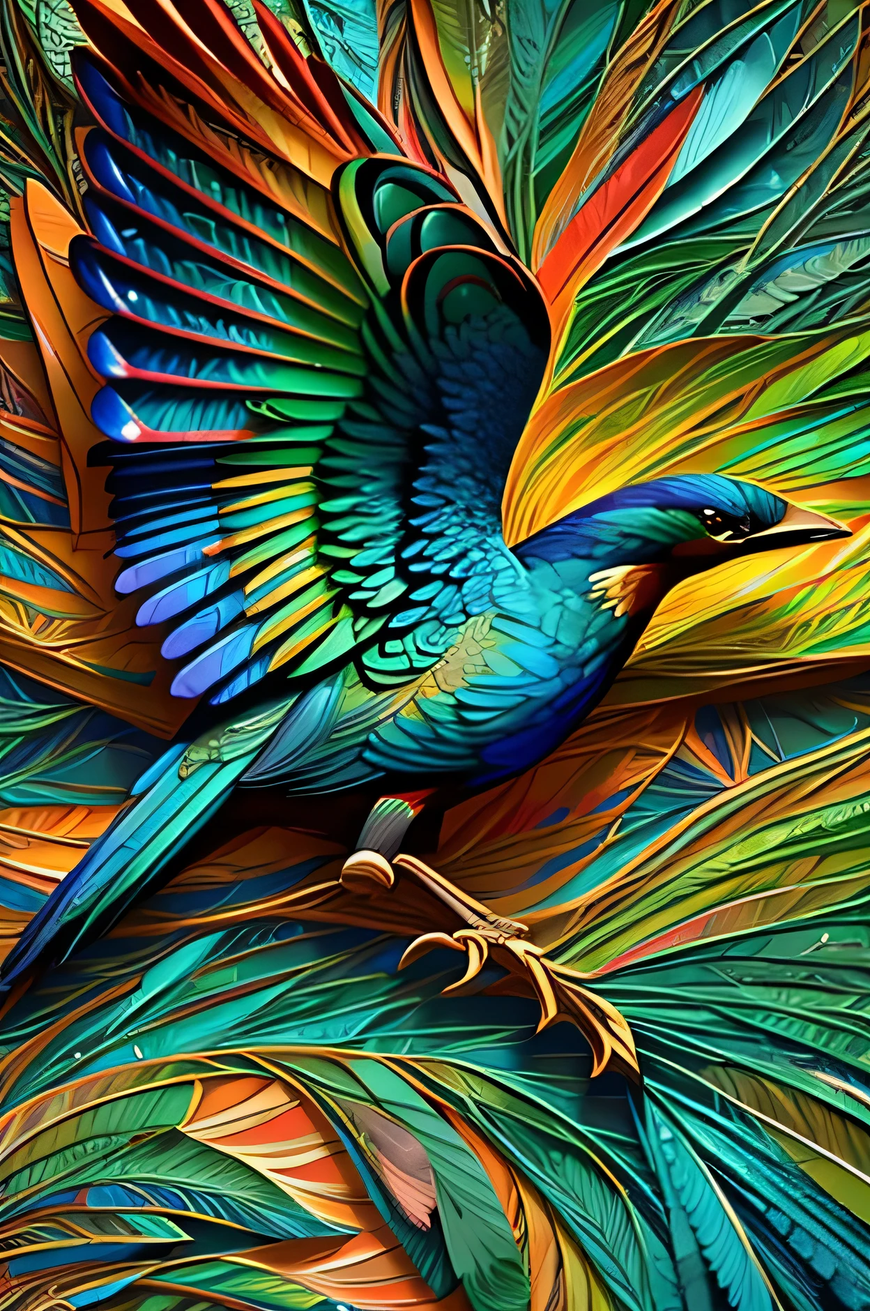 Nightingale feathers are proof of nature's art, a vibrant tapestry of cerulean blue, verdes esmeralda, e vermelhos ardentes. Cada pena parece captar a luz, revealing an iridescence that changes with each vibration. Its wingspan is expansive, commanding attention and evoking a sense of grandeur. The size of the bird, maior do que suas contrapartes comuns, adds to its majestic presence.