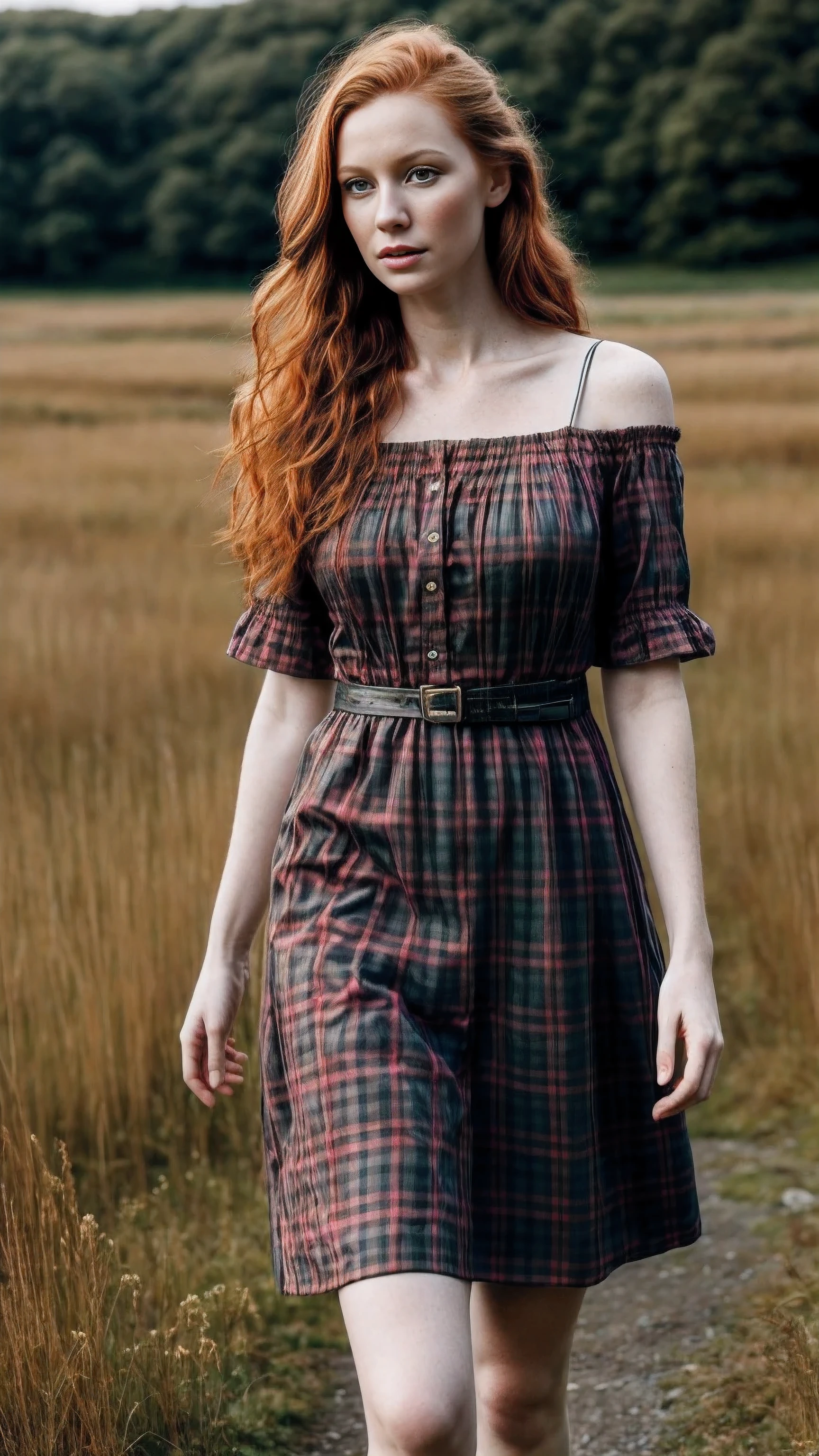 1woman in, age35, Solo, Aesthetic artwork, irish redhead, wavy ginger hair, shoulder length ginger hair, some small freckles, pale skin, small breasts, runners body, fullbody shot, imperfect skin, goosebumps, tartan dress, beautiful nature location, around flower location, (extremely detailed 8k wallpaper), soft lighting, high quality, film grain, Fujifilm XT3 sharp focus, f 5.6, 50mm, High Detail, Sharp focus,(natural light), (seductive), Realistic, ultra realistic, photo realistic, crazy details, complex details, hyper detailed,