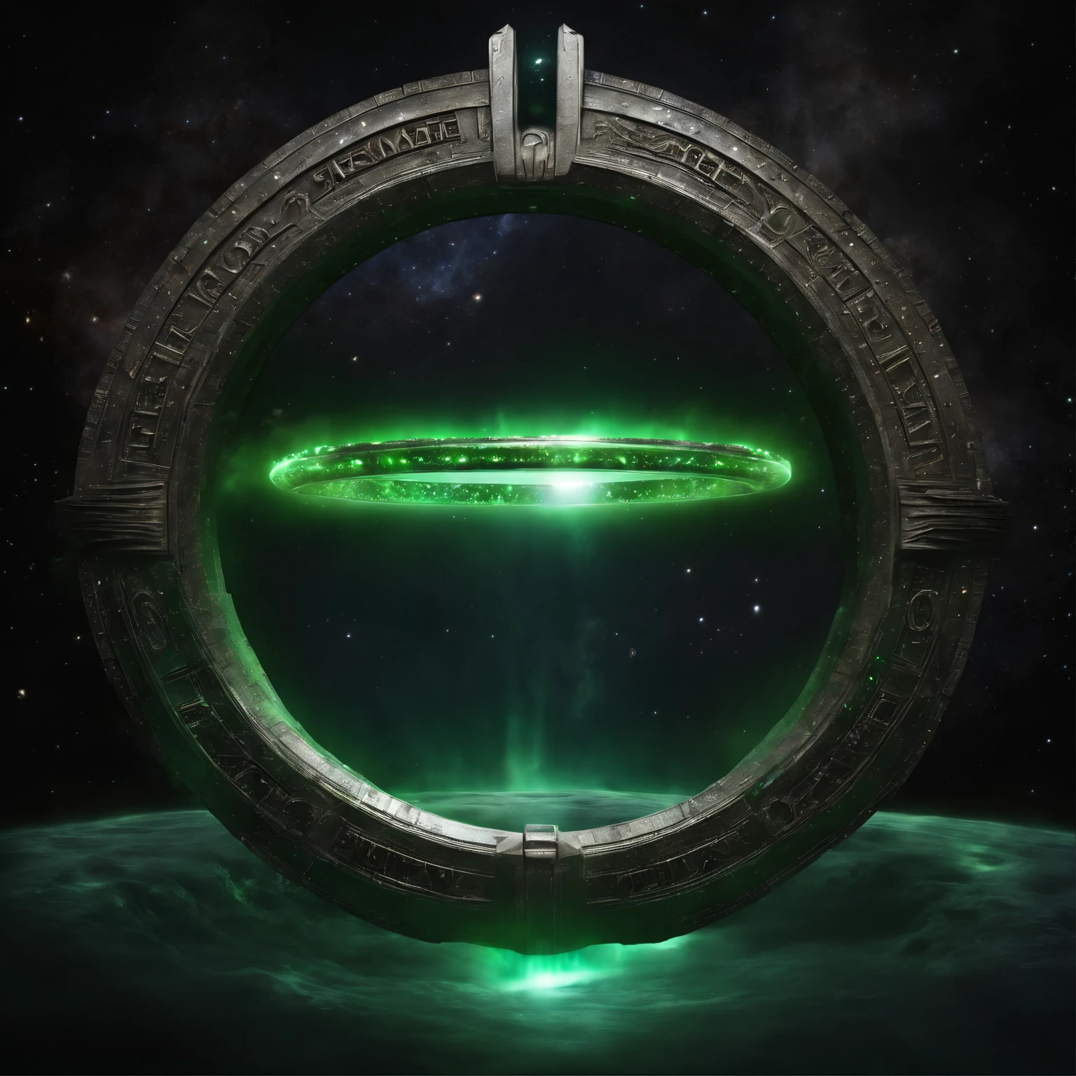 (((deep space))), super detailed image of the giant stargate ring ((in the deep space):1.5), ((the entire space inside this stargate is filled with streams of green plasma flowing from the ring to the center of the space inside this ring):1.4), ((a flying saucer opposite this stargate is preparing to pass through it):1.3), Milky Way, space, stars, (Best Quality, 16K, Masterpiece, UHD, Ultra quality cinematic lighting, Huge detail, Well lit, sharp, hyper realistic, epic scale, insane level of details)