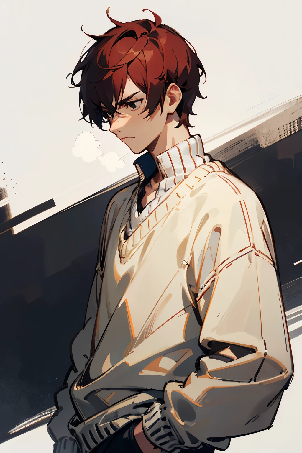 Red super short hair, wearing a sweater, straight face, yuppie, black eyes, gentle and handsome, alone
