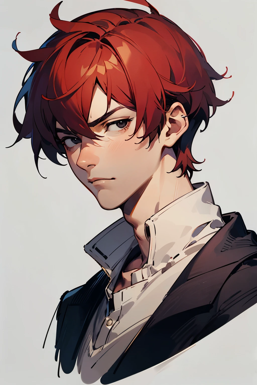 Red super short hair, wearing a sweater, black eyes, gentle and handsome, a person with a straight face and a half-length portrait