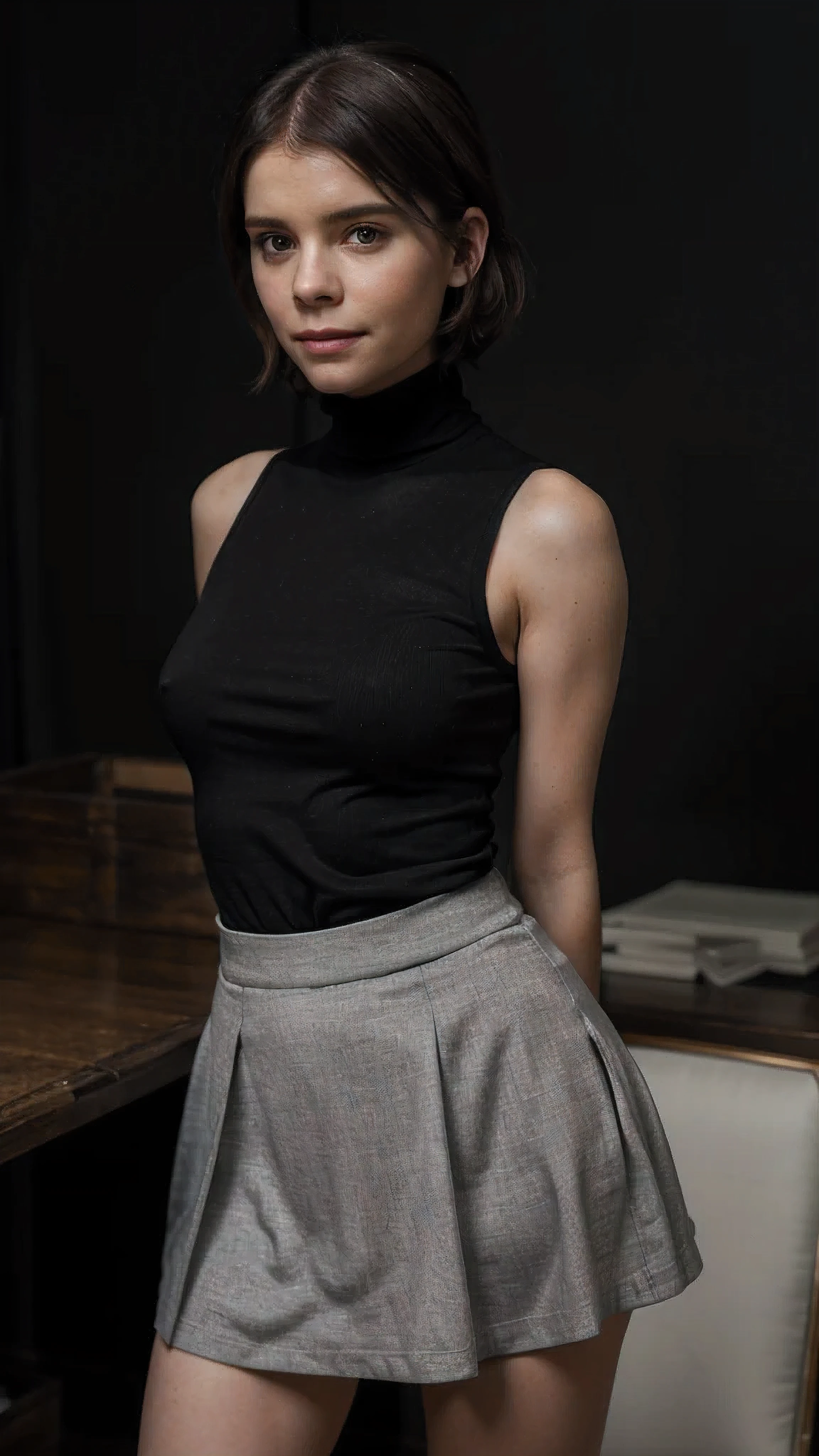 Kate Mara, edwardian skirt, long skirt, turtlenek shirt, sleeveless shirt, black shirt, short hair, light smile, social media composition, three sided view, UHD, super detail, anatomically correct, best quality, 8k, masterpiece, super detail, highres, high quality, many items (+ detailed item description, many parts), + character description, full of details