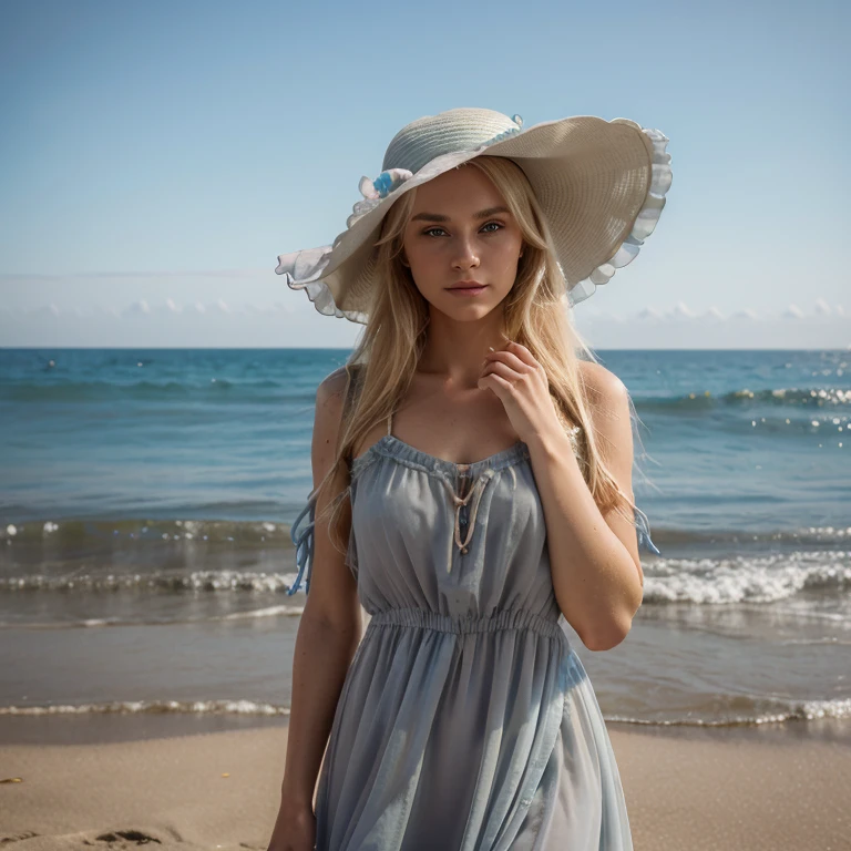 Nikon Z 85mm, Beautiful, one Petite 20-year-old elegant high-class supermodel, ((blond hair)), Bright gray eyes, ((High detailed skin, Skin Details)), Sharp Focus, 8K UHD, Digital SLR, High quality masterpiece, gorgeous russian face,  wearing makeup, photo realistic, ((wearing beautiful flowy chiffon dress with wide brim hat)). Standing on a sunny beach with ocean on background 