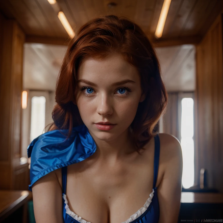 Caucasian red hair mid 20s girl, fit, staring at the viewer, realistic wearing a pinup girl costume somewhere in Eastern Europe, glowing blue eyes, intense, solodramatic lightinasterpiece:1.2), best quality, high resolution, beautiful detailed, extremely detailed, perfect lighting