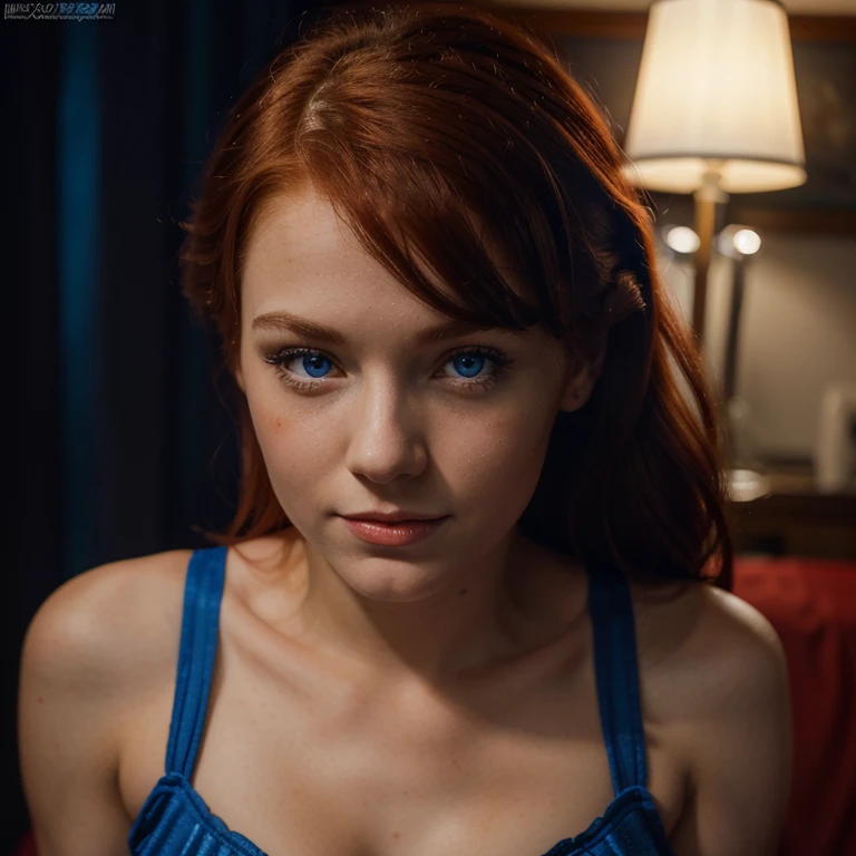 Caucasian red hair mid 20s girl, fit, staring at the viewer, realistic wearing a pinup girl costume somewhere in Eastern Europe, glowing blue eyes, intense, solodramatic lightinasterpiece:1.2), best quality, high resolution, beautiful detailed, extremely detailed, perfect lighting