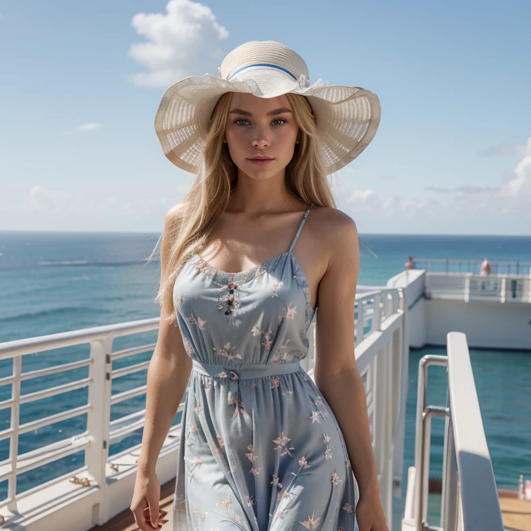 Nikon Z 85mm, Beautiful, one 20-year-old elegant high-class supermodel, ((blond hair)), Bright gray eyes, ((High detailed skin, Skin Details)), Sharp Focus, 8K UHD, Digital SLR, High quality masterpiece, gorgeous russian face, wearing makeup, photo realistic, ((wearing beautiful flowy dress with hat)). Standing on a cruise ship with ocean on background