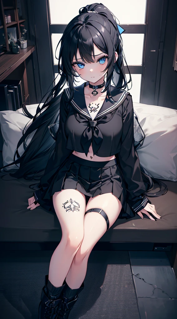 (extremely detailed CG unity 8k wallpaper), (((ultra-detailed))), ((extremely detailed)), (((best illustration))), best illumination, ((extremely delicate and beautiful)), ((an extremely delicate and beautiful girl)), colorful, modern city, ((1 girl, solo:1.9)), {{finely detailed beautiful eyes and detailed face}}, smug face, extra long ponytail, (((deep black hair))), (blue eyes:1.5), beautiful detailed eyes, badass girl, mature female, slender, medium breast, (((intricate details))), (Black and white long sleeve sailor top and black short skirt:1.5), short black boots, ((black choker)), (black tattoo on thigh:1.5), sitting, bishoujo, full-body