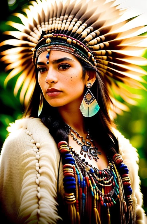 puffy woman with feathers and feathers on her head and face, beautiful young shaman, she is dressed in shaman clothes, avian warrior, - Shanina Shaik como Medusa, Retrato do guerreiro da sereia, a young female shaman, harpia inka, Retrato de uma ninfa de fantasia sombria, : Native American shaman costume, usando coroa de penas brilhantes