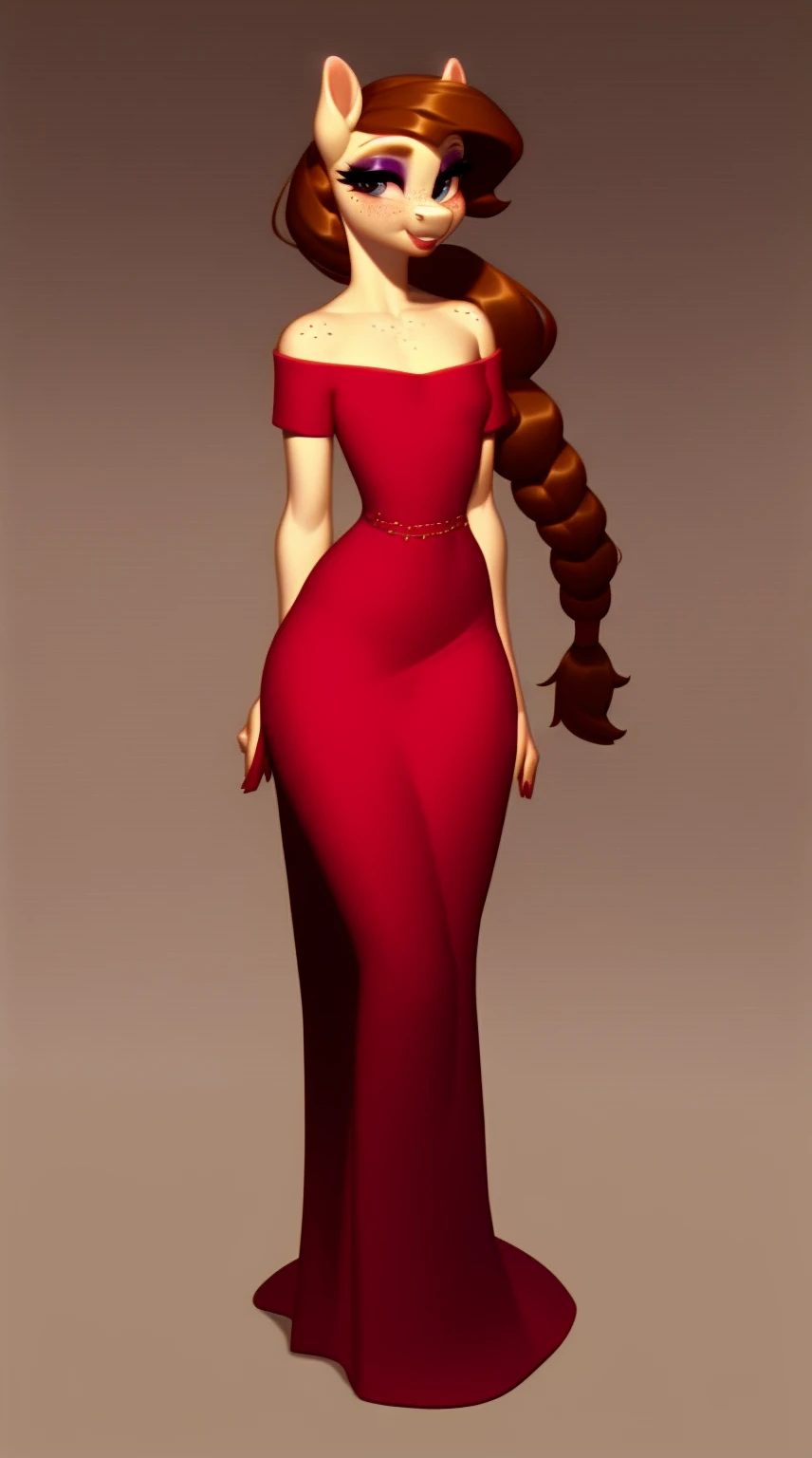(score_9), (source_ derpibooru_p_95), (earth pony), ((anthro :1.1)), (shoulderless prom dress), blushing, solo, realistic long brown hair, bangs, braid , anatomically correct, flat chest, curvy figure, high res, pink bottom lip, extremely detailed, absolutely stunning, freckles, skinny waist, makeup, banquet hall, very thigh dress,