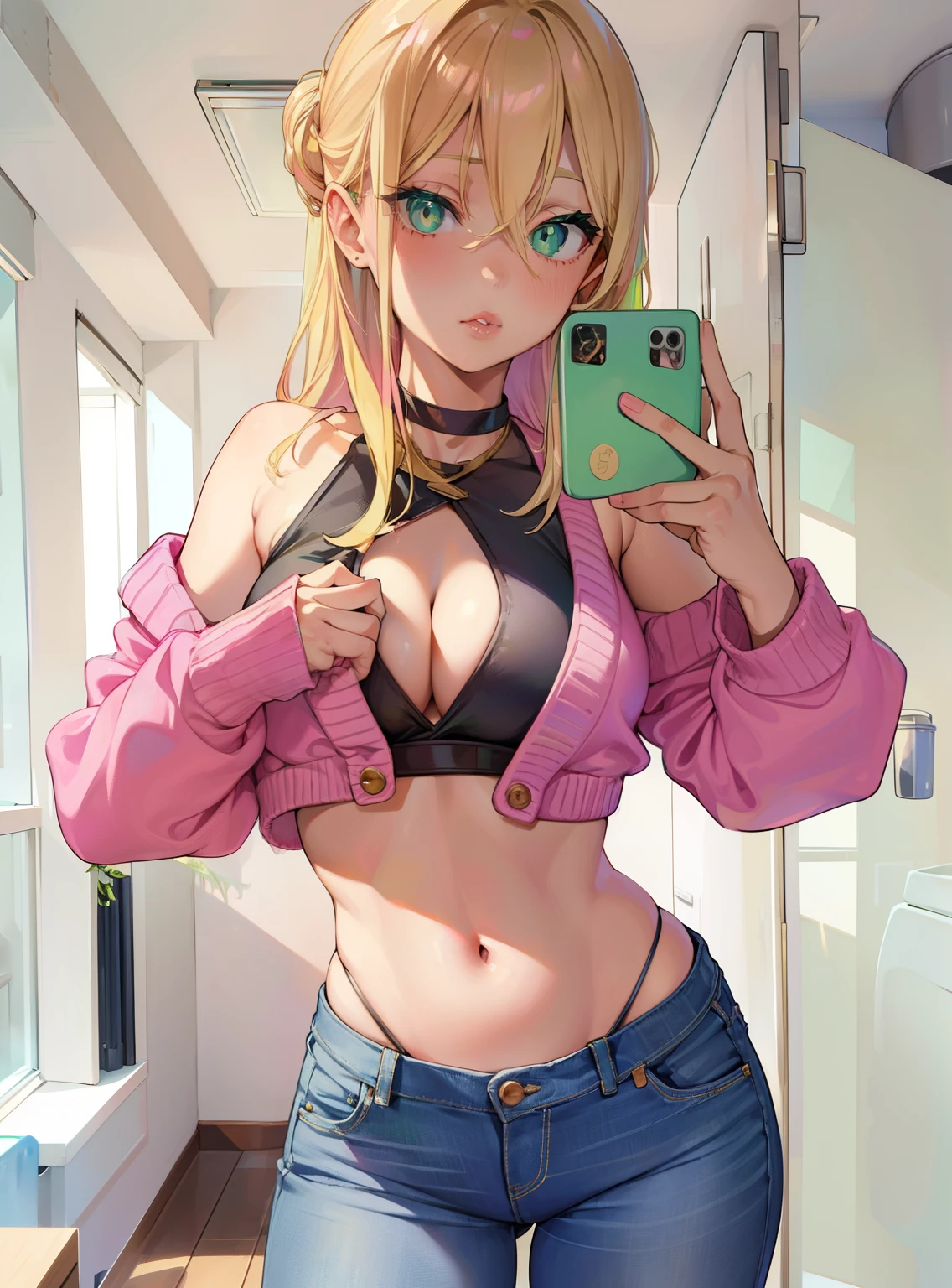 Selfie, thong, jeans, selfie, flat toned stomach, cropped top, pink cardigan  hair up, blonde hair, green eyes, juicy lips, potted plants in the back