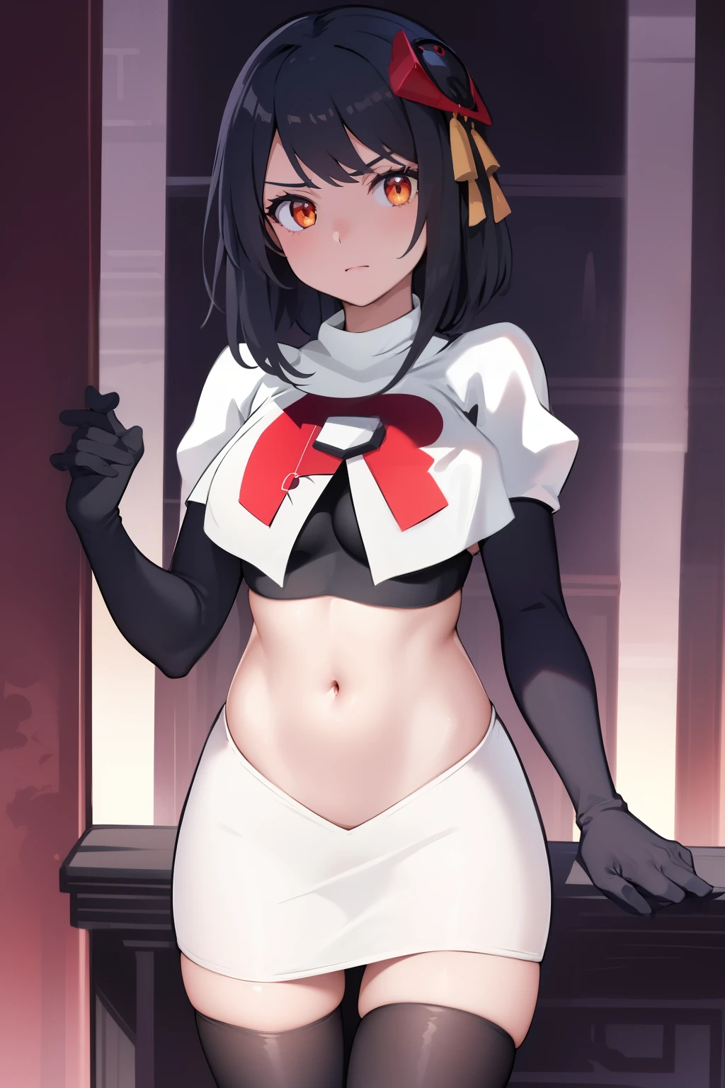 Kujou Sara Genshin, golden eyes,masterpiece, bestquality, 1girls, oversized breasts, head ornament,team rocket,team rocket uniform, red letter R, white skirt,white crop top,black thigh-highs,black elbow gloves