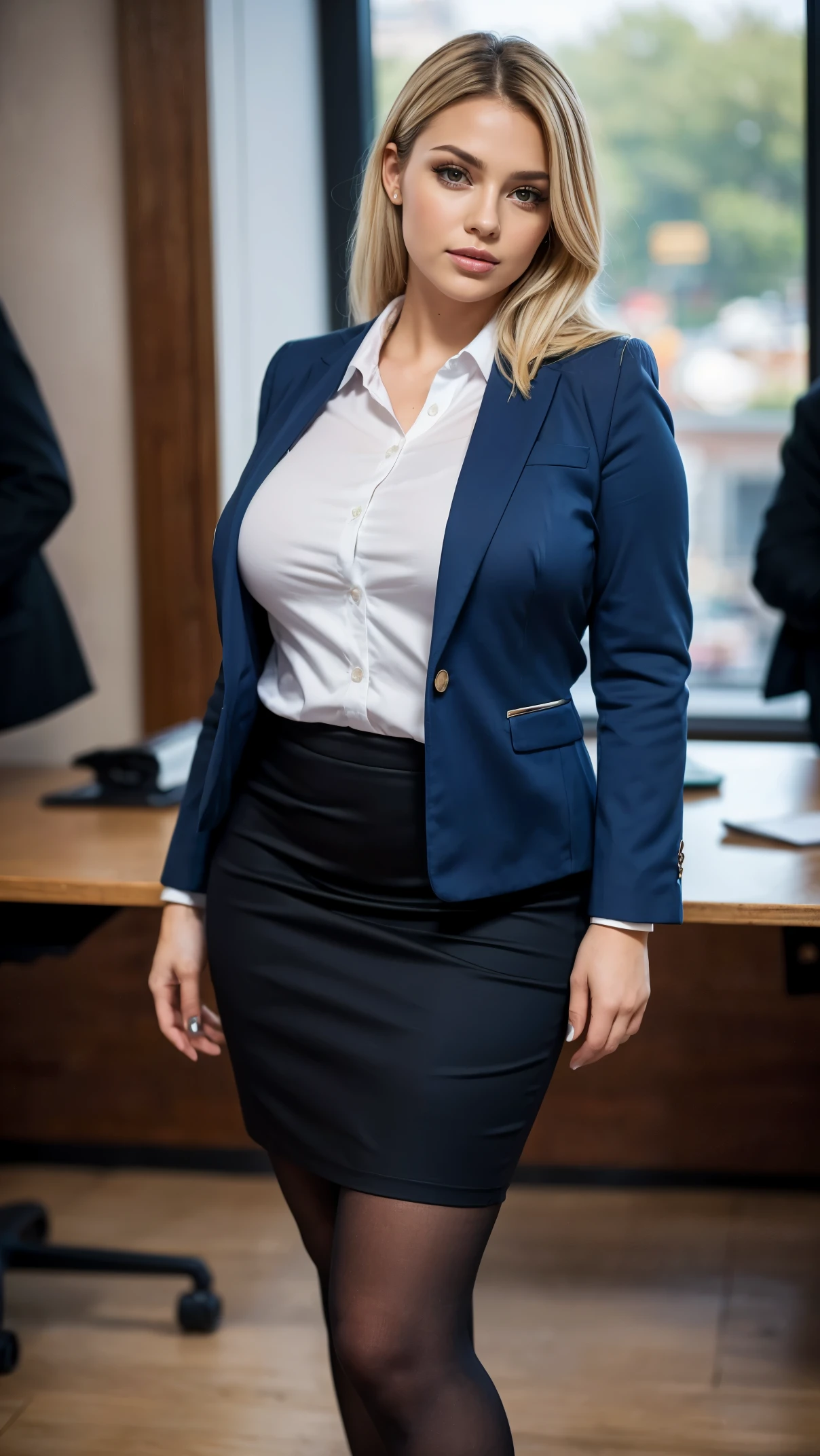 (masutepiece,High quality,16k:1.1),(depth of fields:1.3) ,((front body:1.35)), Ukrainian ,Woman, blonde,makeup,((business suit, pencil skirt)), tights,huge breasts, voluptuous, thicc, curvy,(Looking at Viewer:1.3),(full body shot:1.2),(Beautiful Morning view of town:1.2),