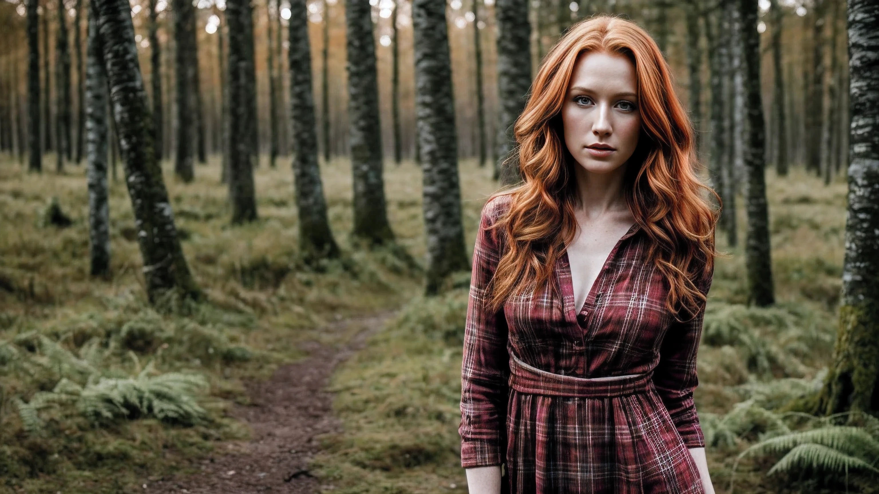 1woman in, age35, Solo, Aesthetic artwork, irish  redhead, wavy ginger hair, shoulder length ginger hair, some small freckles, pale skin, small breasts, runners body, fullbody shot, imperfect skin, goosebumps, tartan dress, beautiful nature location, around birch wood, (extremely detailed 8k wallpaper), soft lighting, high quality, film grain, Fujifilm XT3 sharp focus, f 5.6, 50mm, High Detail, Sharp focus,(natural light), (seductive), Realistic, ultra realistic, photo realistic, crazy details, complex details, hyper detailed,