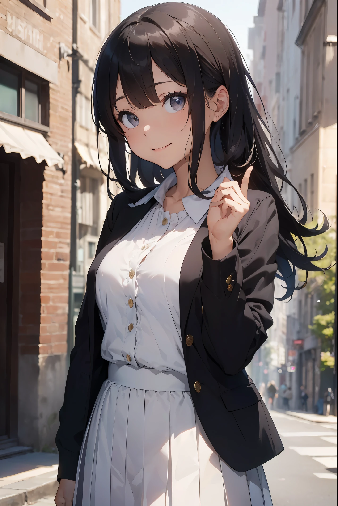 Anime girl in a white dress and black jacket standing on a street ...