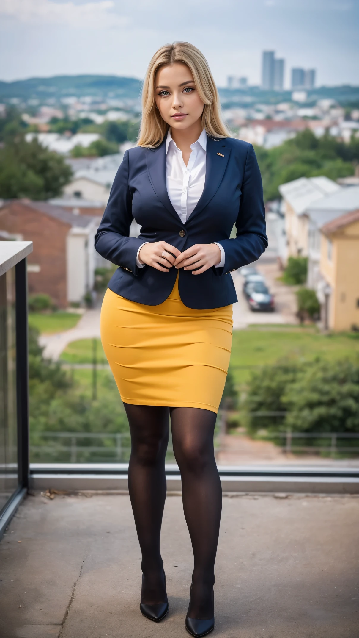 (masutepiece,High quality,16k:1.1),(depth of fields:1.3) ,((front body:1.35)), Ukrainian ,Woman, blonde,makeup,((business suit, pencil skirt)), tights,huge breasts, voluptuous, thicc, curvy,(Looking at Viewer:1.3),(full body shot:1.2),(Beautiful Morning view of town:1.2),