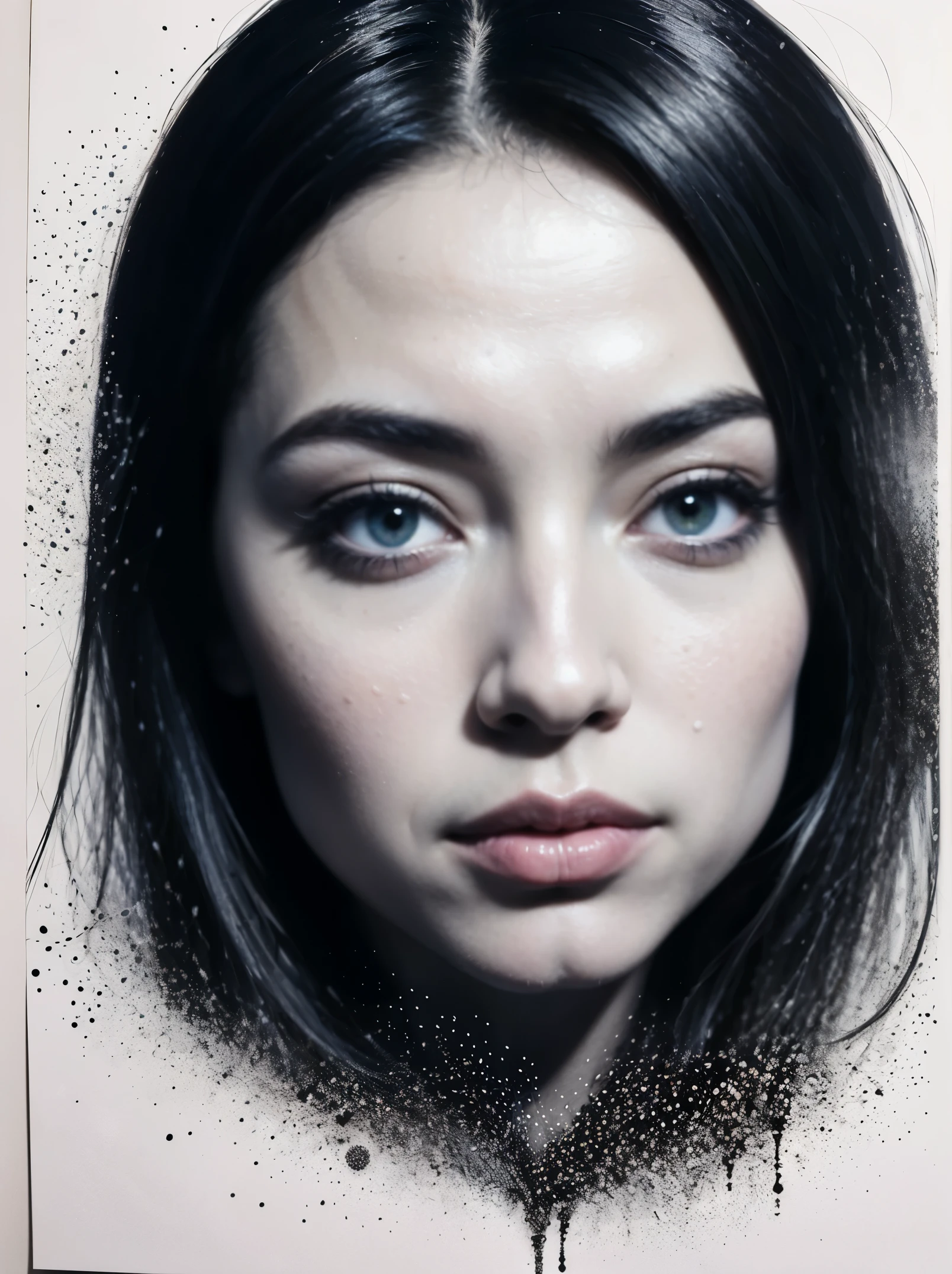 supermodel with colorful polka dot art, diamond dust, chinese ink painting background, Pointillism and Popart, Yayoi Kusama, in the style of ink and wash, intricate storytelling, brushwork exploration, colorful storytelling, pointillist optical illusions