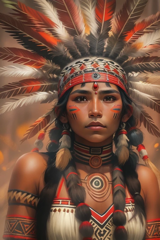 A beautiful scantily clad indigenous woman wearing a headdress, cabelos pretos longos cacheados, rosto bonito, imagem de corpo inteiro, imagem alto detalhe, simetria, Arte de Fantasia