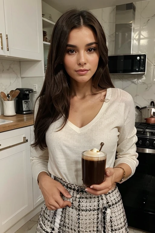 Elegant brunette with Chanel hair is at her house in the kitchen drinking coffee