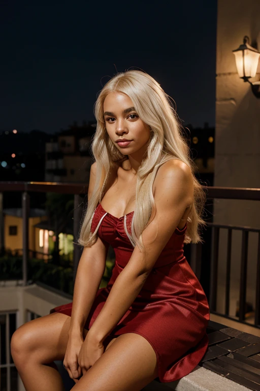 Black woman, sitting on balcony, posing cutely, long red dress, platinum blonde hair, night, low lighting