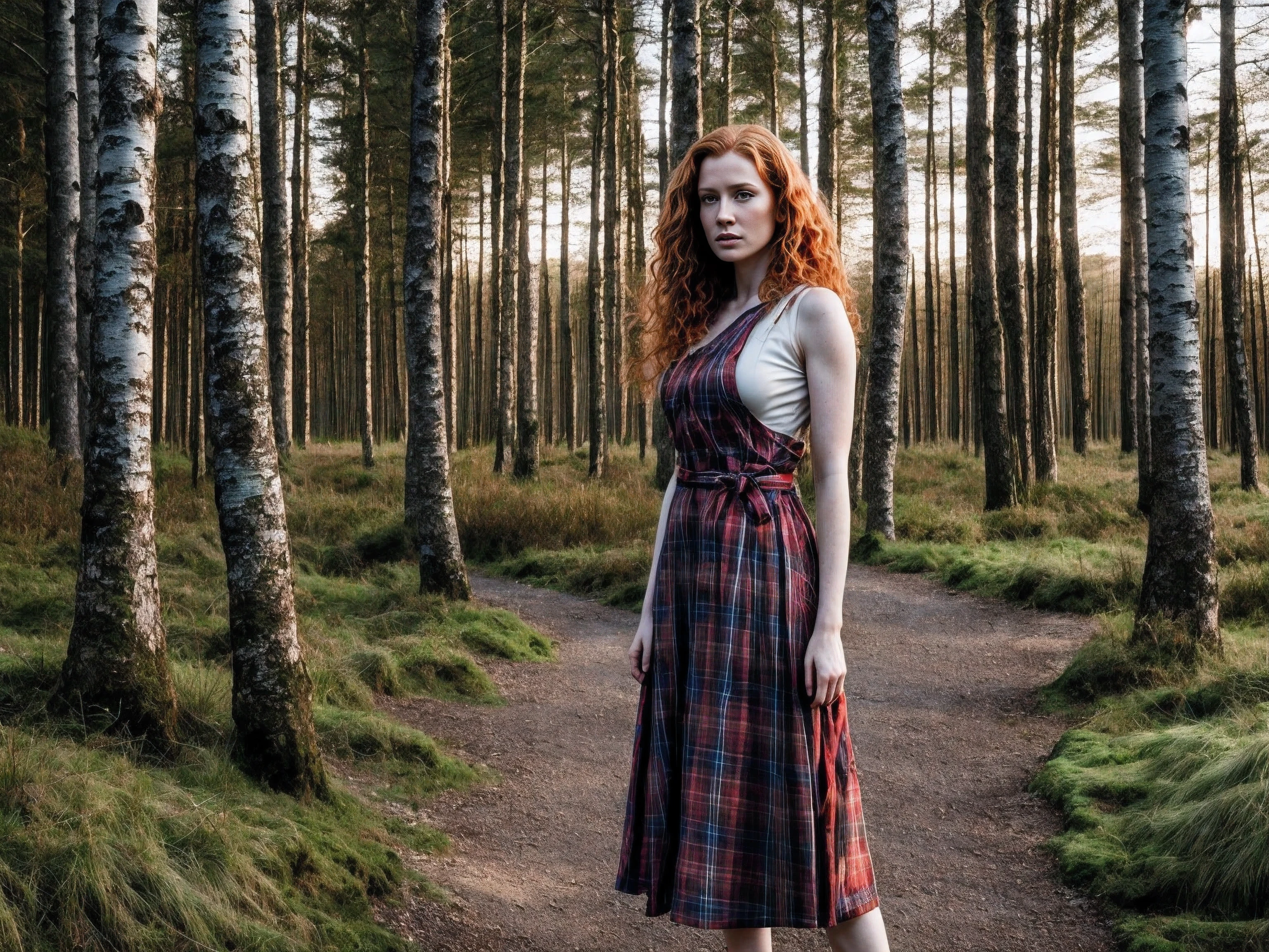 1woman in, age35, Solo, Aesthetic artwork, irish redhead, wavy ginger hair, shoulder length ginger hair, some small freckles, pale skin, small breasts, runners body, fullbody shot, imperfect skin, goosebumps, tartan dress, beautiful nature location, around birch wood, (extremely detailed 8k wallpaper), soft lighting, high quality, film grain, Fujifilm XT3 sharp focus, f 5.6, 50mm, High Detail, Sharp focus,(natural light), (seductive), Realistic, ultra realistic, photo realistic, crazy details, complex details, hyper detailed,