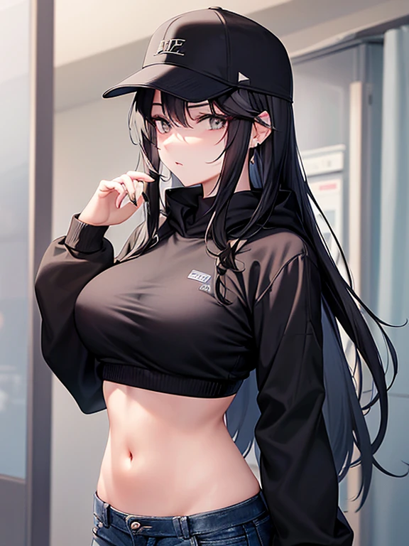 obra-prima, Alto, alta qualidade, rosto detalhado, render corpo detalhado, 1girl, sozinho, hyuuga hinata, hinata-sleevless-outfit, middlebreasts, Small thorax, quadril largo, coxas grossas,  barriga de fora, top, tampo da rede de pesca, Dark lips, no-bra, seios para fora, Dope, standingn, Blushes, (no quarto), tight jeans