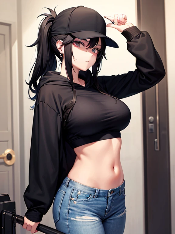 obra maestra, alta calidad, foco nítido, A Gothic Woman, cabello negro, corte de pelo mohawk, usar una camiseta sin mangas y jeans rotos, se ve un poco de boobs, pose muy sexy, se asoman bragas, gafas de sol, cara perfecta, perfect jaw, piel texturizada, labios hermosos, foto de vaquero, apoyado contra una pared, noche, cold lighting, ambiente fresco, 8k, uhd, absurdos