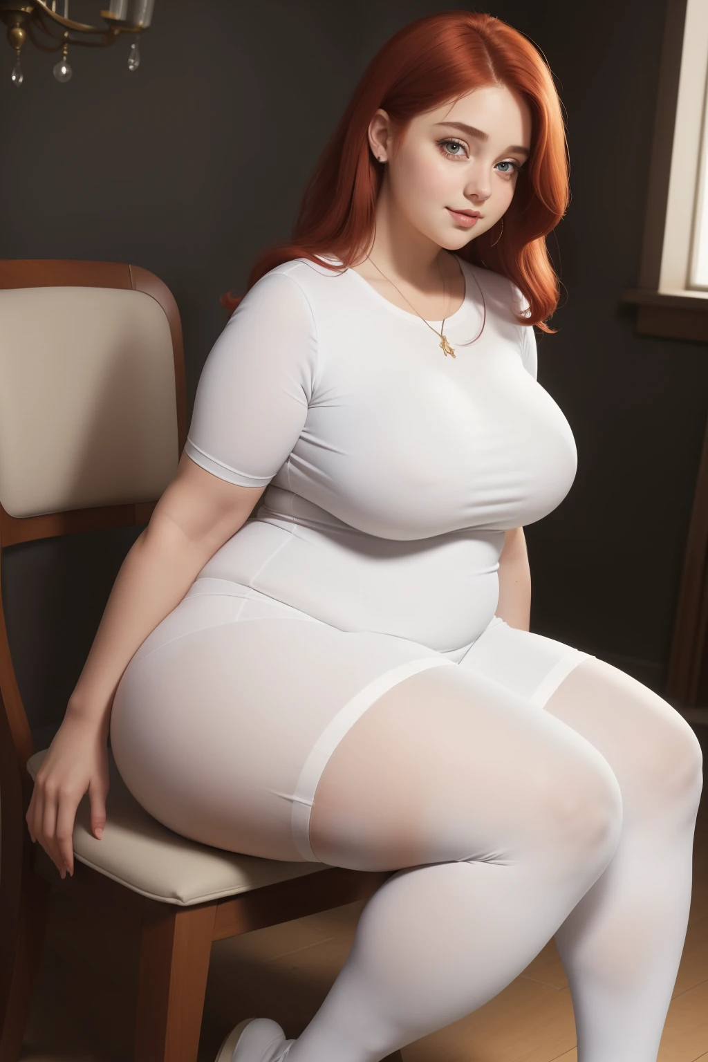 masterpiece, (photorealistic), (8k wallpaper) , (best quality), perfect quality, solo, (detailed eyes), girl, red hair, shirt curvy hair, very beautiful, (side view), young, pose: ((side view), sitting on chair,  looking forward), face : (small smile, young, very beautiful face, plump face, double chin, plump cheeks, small smile, very beautiful, cute face, young, big eyes) , figure: ( very full body, very full figure, very curvy, very thicc, very thick, chubby, chubby belly, chubby belly bottom, big deep navel, very soft, very curvy, love handles, sexy curves, wide hips, sexy, muffin top, very thick thighs, thunder thighs) , clothes : (tight white dress, white tights)