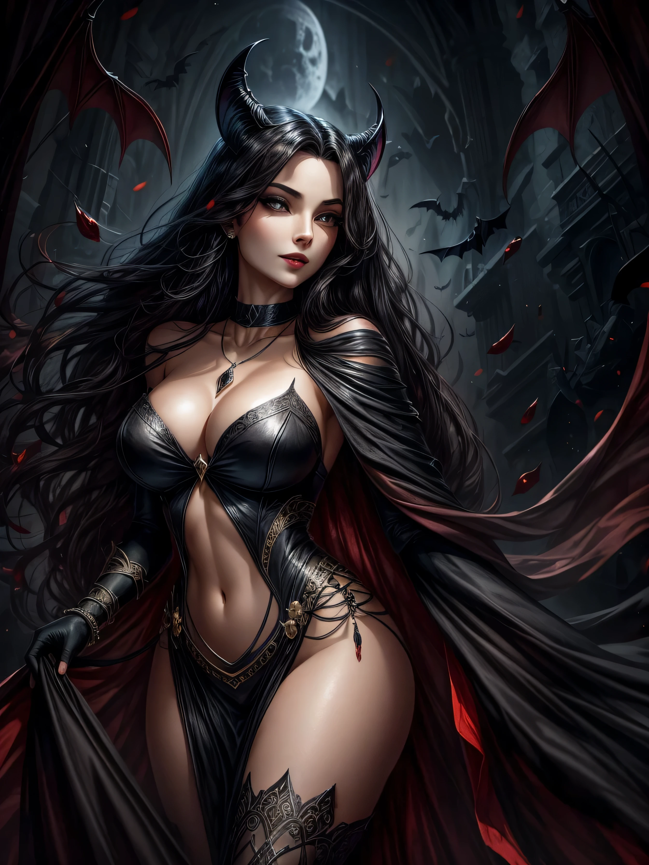 Gliding silently through the darkness of the night, a vampire of stunning beauty walks elegantly. Her slender, graceful body is wrapped in a long black dress, which flows in the wind as she moves. Her midnight-black hair falls in perfect waves over her pale, delicate shoulders. His eyes, intense and mesmerizing, glow with a deep shade of red, revealing his vampiric nature. She possesses fine, perfectly sculpted features, with seductive red lips and a mysterious smile. Around her neck, she wears a necklace adorned with a bat-shaped pendant, a symbol of her ancestral lineage. The Beautiful Full-Body Rogue is a being of power and seduction, capable of attracting anyone with her charm and beauty, but also holds dark secrets and a voracious appetite for blood." change scene to scene on venus moon