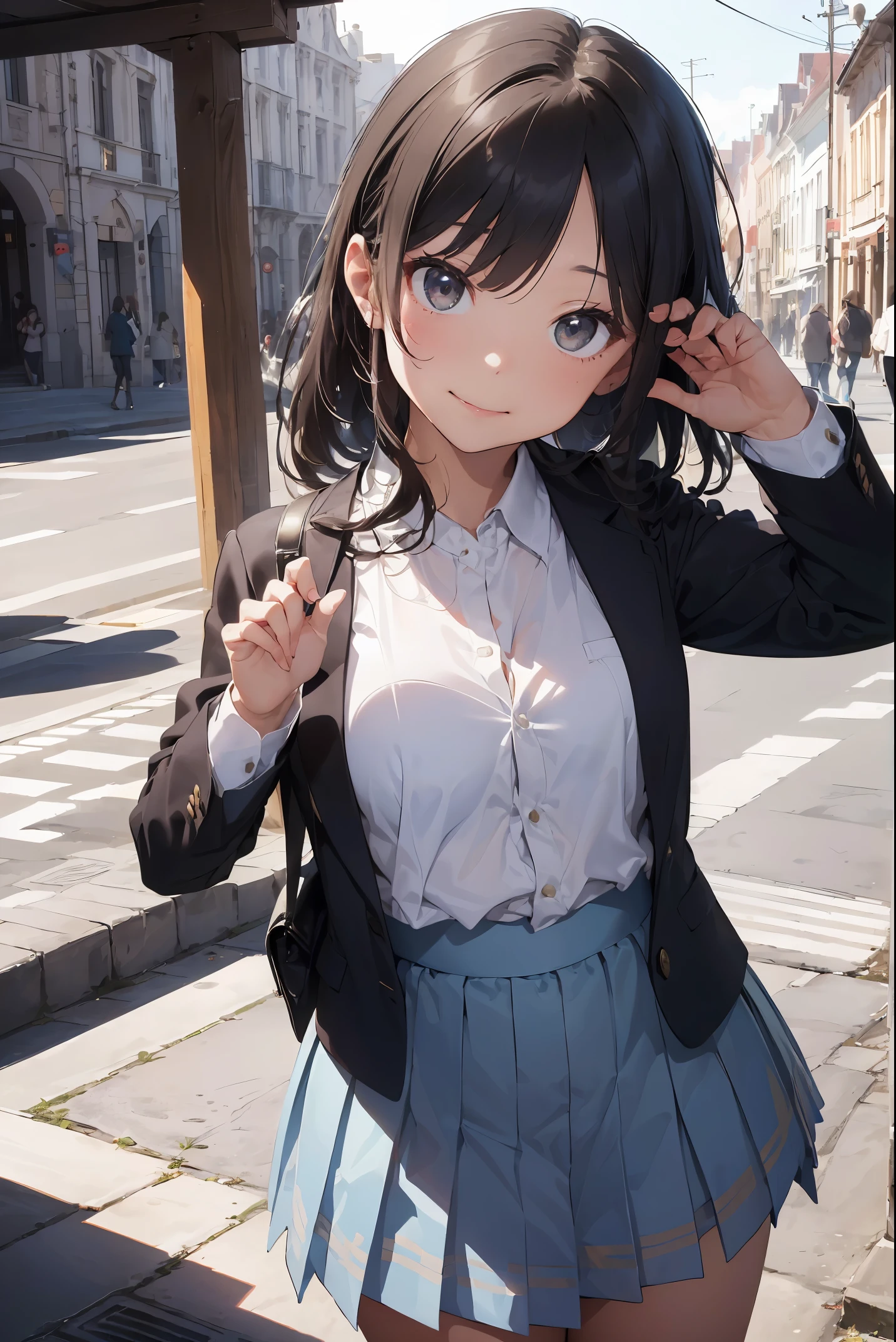 (Absurdity: 1.4), (Superb quality work by the Creator God: 1.4), (Absolute resolution: 1.4), (Highest masterpiece by the God of Arts and Sciences: 1.4), Surrealistic work, (Complex, meticulously detailed and realistic materials and textures and light sources: 1.3), (Perfect anatomy: 1.2), (Overwhelmingly ridiculous absurdity in the creation of the universe (1.3),

BREAK.

 (((cute)):1.3), illustration featuring a girl. She is wearing a uniform from a well-known school where blazers are popular, with a deep gray blazer, white piping, and a fresh blue checked skirt. She is drawn to evoke realistic fabrics and textures, and the buttons and ribbons on her blazer and the pleats on her skirt are ultra-detailed. She smiles and waves to the viewer. 

BREAK

(depth of field: 1.4), looking at the viewer, ((perfect pixels, 8K wallpaper)), one girl, single, alone, reincarnated appearance of Aphrodite, goddess of beauty, immensely beautiful, born actress genius,

BREAK

Aphrodite's reincarnated appearance as a goddess of beauty, immense beauty, BREAK, super exquisite skin, (best lighting by a famous artist: 1.2), (charming poses acting instruction by a very famous master: 1.4), cute illustrations.

BREAK

The most beautiful square in the world, (Grand-Place: 1.3), (Photo session of beautiful girls in a world heritage square: 1.15), Bold composition, (Poses that captivate viewers: 1.2), Dazed background
