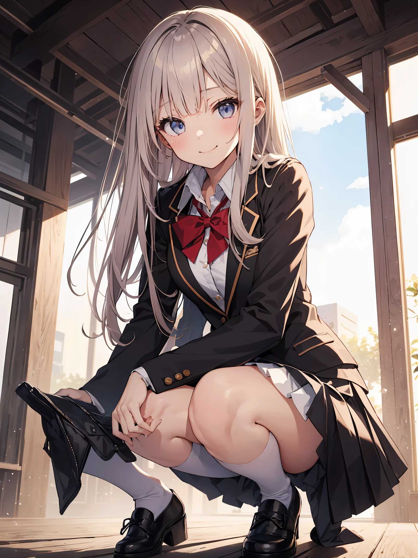 In one girl、smile、fun、High school blazer with popular design、shirt、pleated skirt、white skirt、(small breasts)Crouching panty shot、