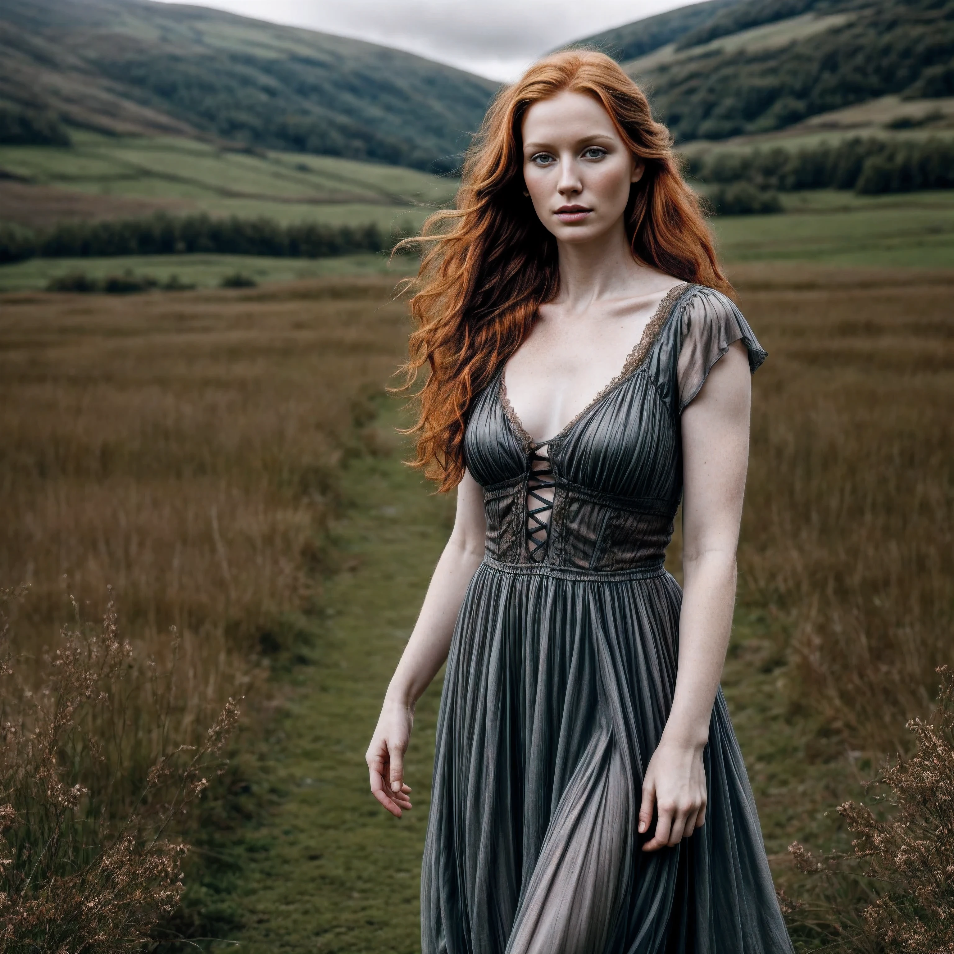 1woman in, age35, Solo, Aesthetic artwork, irish redhead, wavy ginger hair, shoulder length ginger hair, some small freckles, pale skin, small breasts, runners body, fullbody shot, imperfect skin, goosebumps, gothic dress, beautiful nature location, around flower location, (extremely detailed 8k wallpaper), soft lighting, high quality, film grain, Fujifilm XT3 sharp focus, f 5.6, 50mm, High Detail, Sharp focus,(natural light), (seductive), Realistic, ultra realistic, photo realistic, crazy details, complex details, hyper detailed,