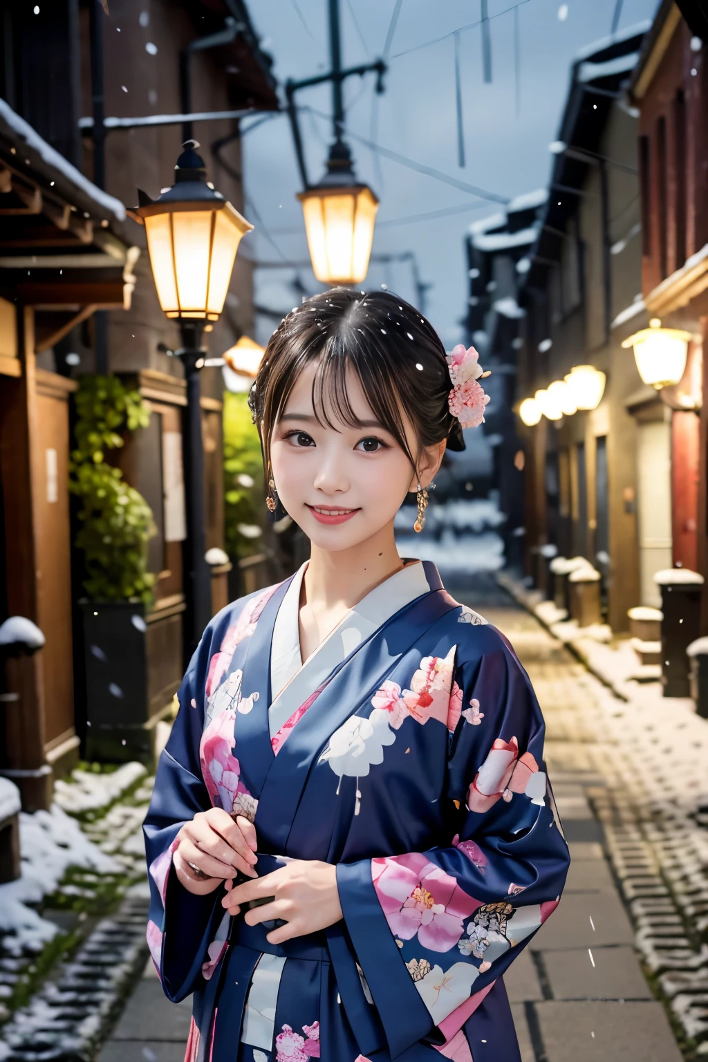 Japanese ID ,((cute ,baby face:1.2)),(8K, RAW photo, Super detailed, highest quality:1.2), (realistic, Photoreal:1.4), (very detailed, ultra high resolution ,beautiful, table top:1.2), ,very detailed顔と目,shiny skin,(Upper body:1.professional lighting,soft light, sharp focus, Depth of written boundary,medium hair,earrings, (Kimono costume with gorgeous floral pattern :1.3),( An old, cobblestone alleyway in a historic district during a gentle snowfall, illuminated by vintage street lamps:1.3)