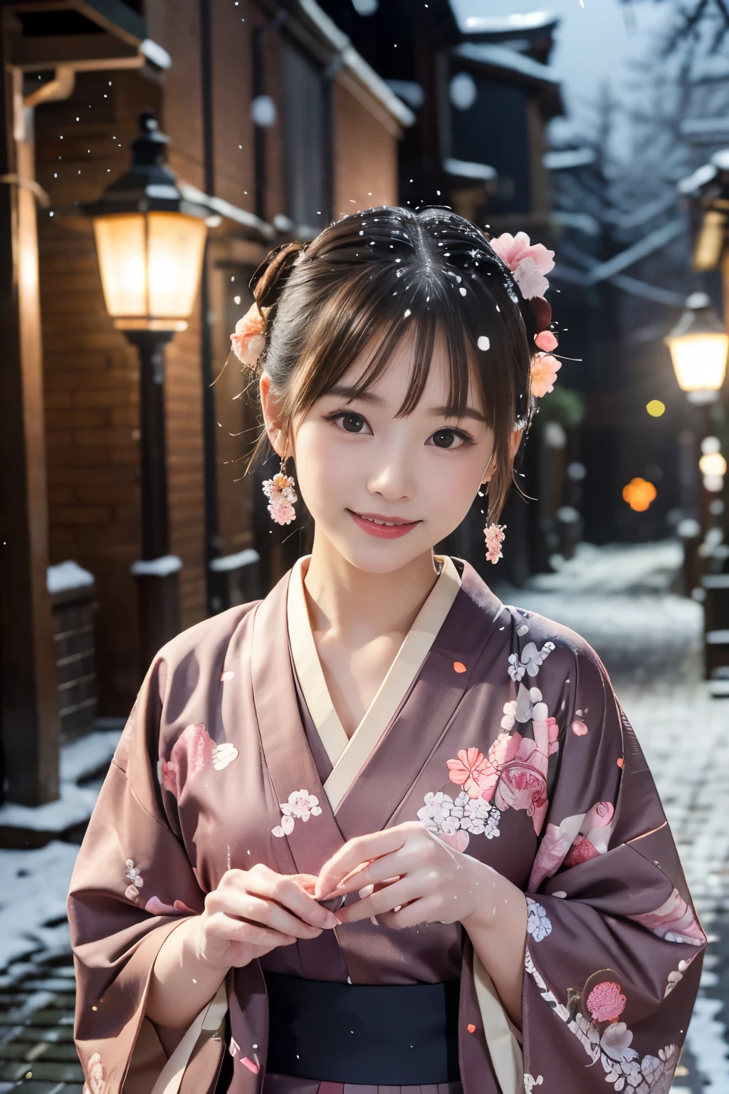 Japanese ID ,((cute ,:1.2)),(8K, RAW photo, Super detailed, highest quality:1.2), (realistic, Photoreal:1.4), (very detailed, ultra high resolution ,beautiful, table top:1.2), ,very detailed顔と目,shiny skin,(Upper body:1.professional lighting,soft light, sharp focus, Depth of written boundary,medium hair,earrings, (Kimono costume with gorgeous floral pattern :1.3),( An old, cobblestone alleyway in a historic district during a gentle snowfall, illuminated by vintage street lamps:1.3)