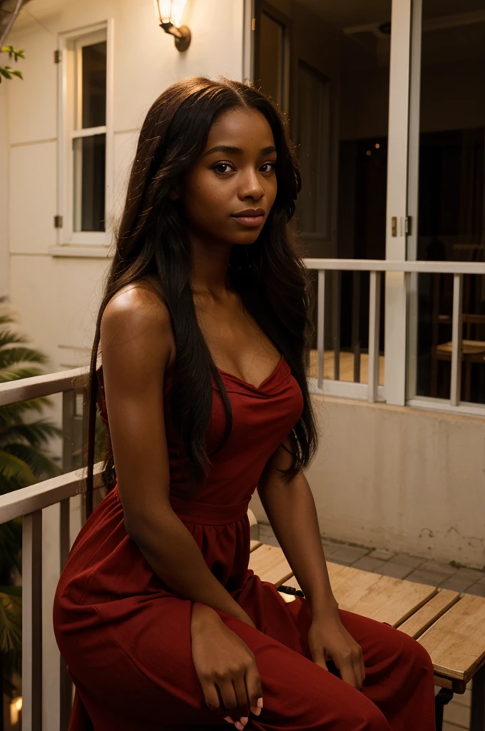 Black woman, sitting on balcony, posing cutely, long red dress, long hair, night, low lighting