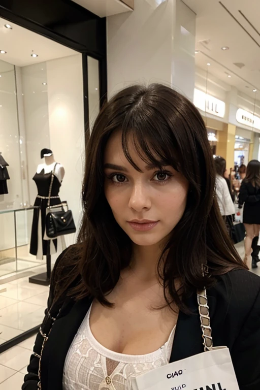 Elegant brunette with Chanel hair is in the mall shopping