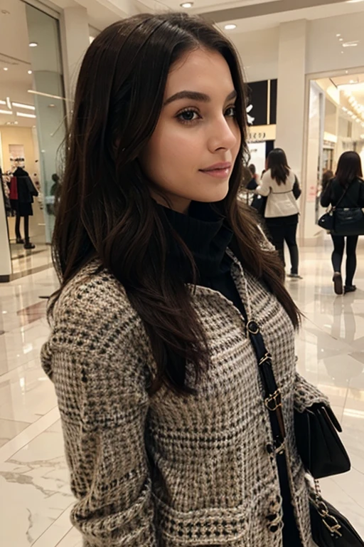 Elegant brunette with Chanel hair is in the mall shopping