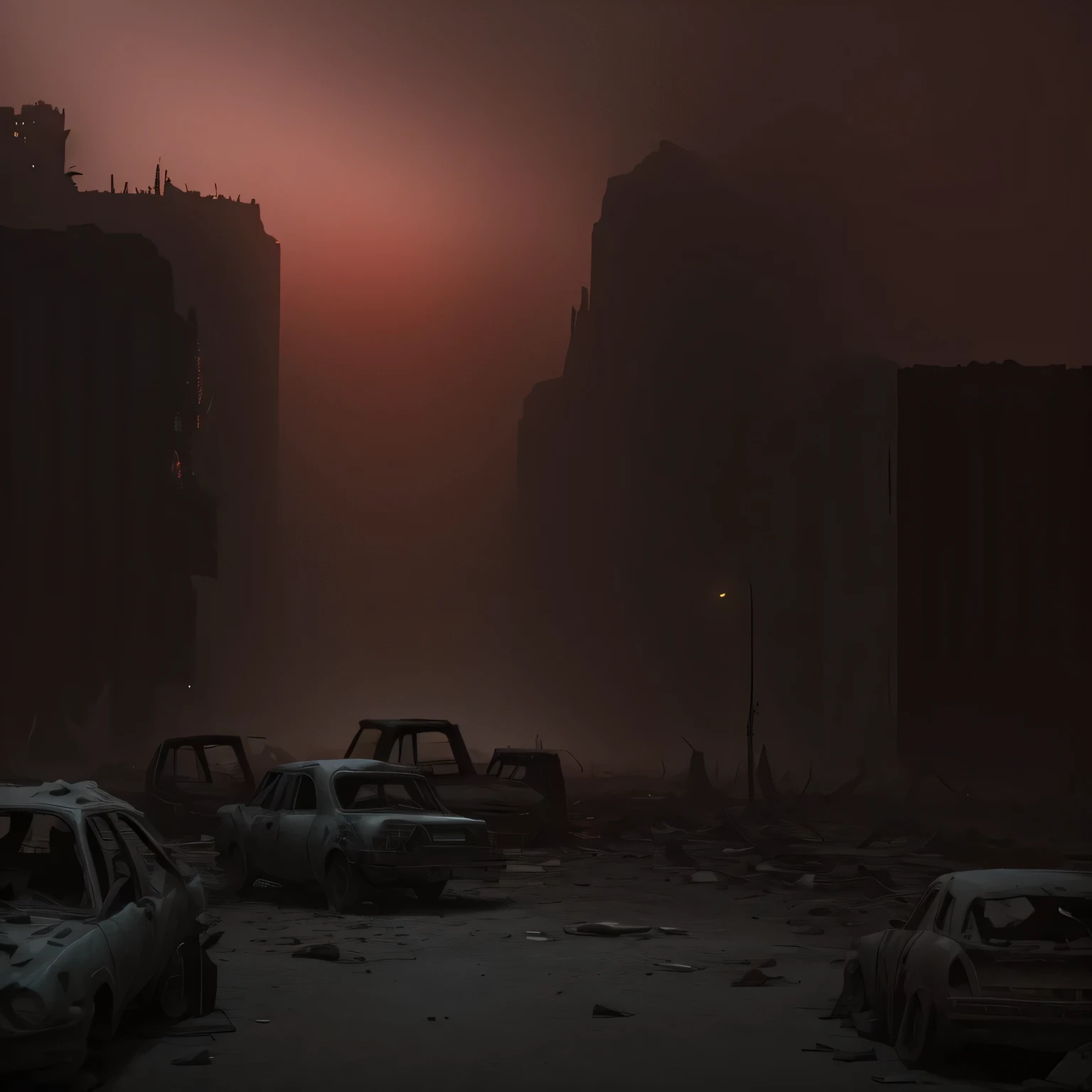 Desert city in ruins, shrouded in dust and debris, with abandoned cars and traces of destruction. Zombies roam the empty streets, and the red sky creates an atmosphere of chaos and despair..