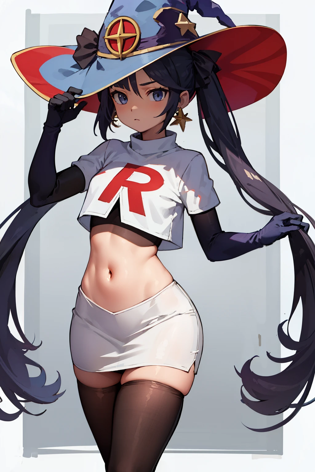 ((masterpiece,best quality)), team rocket,team rocket uniform, red letter R, white skirt,white crop top,black thigh-highs,black elbow gloves zettai ryouiki, aamona, long hair, twintails, hair ornament, black ribbon, earrings, witch hat, purple headwear, cowboy shot,