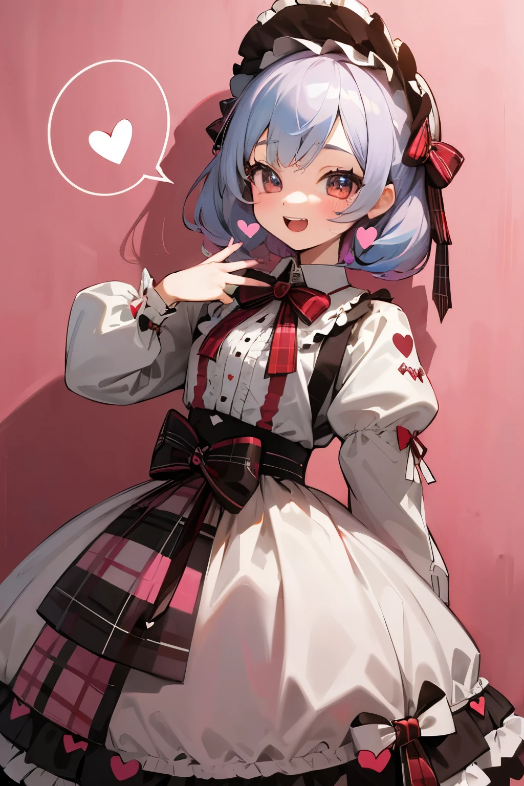 ((Masterpiece)), (best quality), cute little girl, Plaid dress, hoop dress, bow, (lolita fashion), lolita style, anime girl cosplay, loli, cute smile, open mouth, pretty, loli, portrait of lolita girl, emo style, red checker, (against the Colorful pastel wall), ribbon belt, ((spoken heart)), Melted Chocolate Wall
