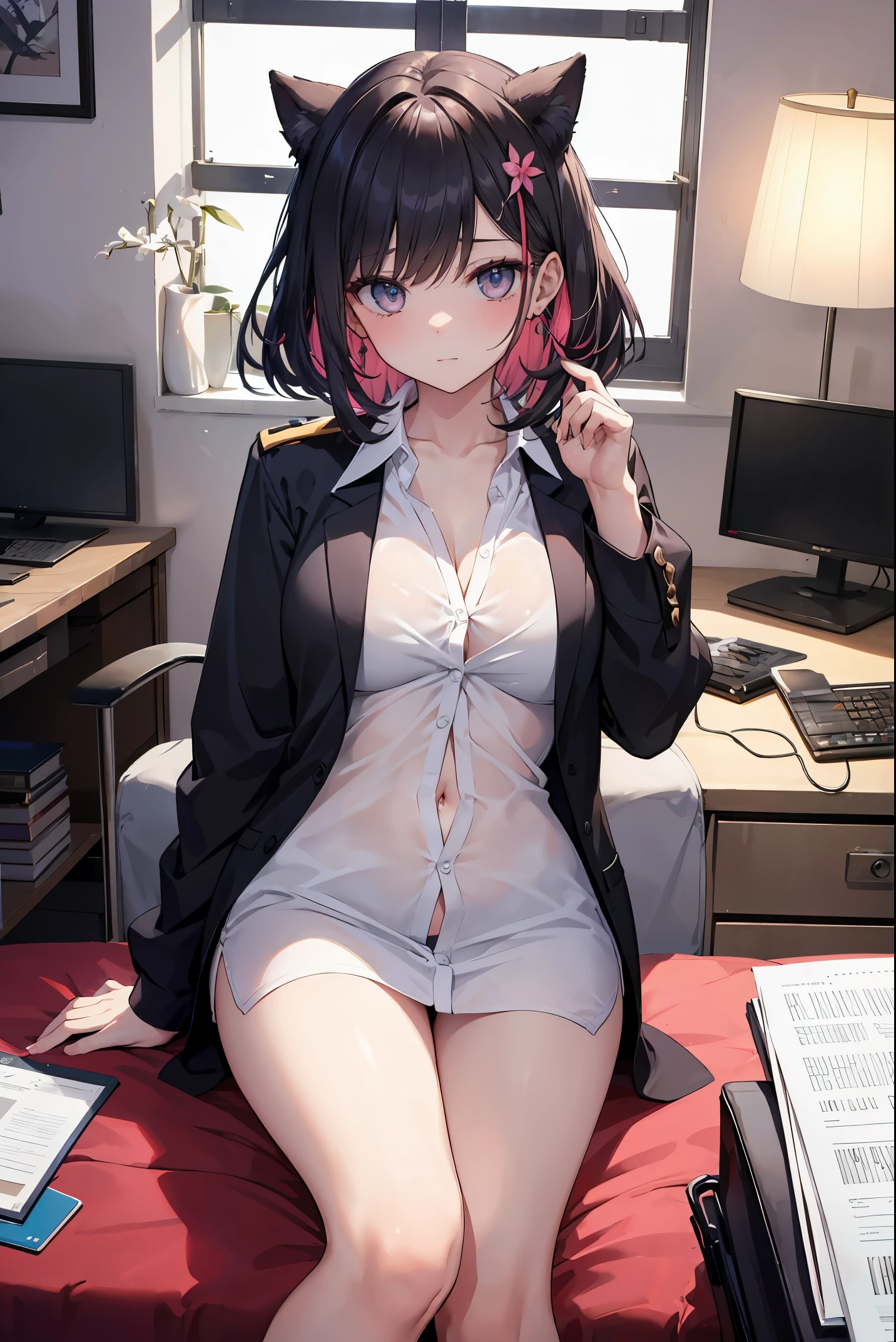 Secretaria de cuerpo complete parada de pai desnuda en officina trabajando de noche, abdominal plane hermoso, de cadera grande, apretada white button down shirt escort abierto (se deja version en poco de seno) farda negra corta tacones altos, cabello amarado, grandes hermosas Piernas, Tiena y Sedatra, Illuminada con la Rampara, Mirada Coqueta, Se ve por de bajo de la Falda.