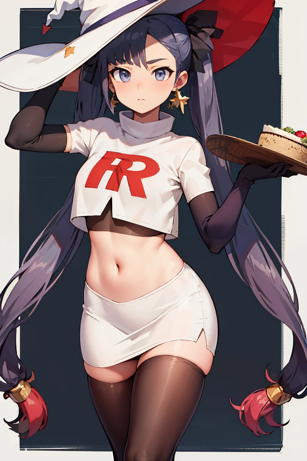 ((masterpiece,best quality)), team rocket,team rocket uniform, red letter R, white skirt,white crop top,black thigh-highs,black elbow gloves zettai ryouiki, aamona, long hair, twintails, hair ornament, black ribbon, earrings, witch hat, purple headwear, cowboy shot,