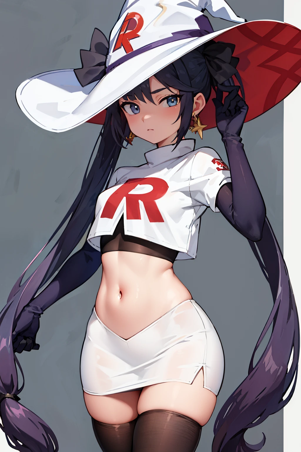 ((masterpiece,best quality)), team rocket,team rocket uniform, red letter R, white skirt,white crop top,black thigh-highs,black elbow gloves zettai ryouiki, aamona, long hair, twintails, hair ornament, black ribbon, earrings, witch hat, purple headwear, cowboy shot,