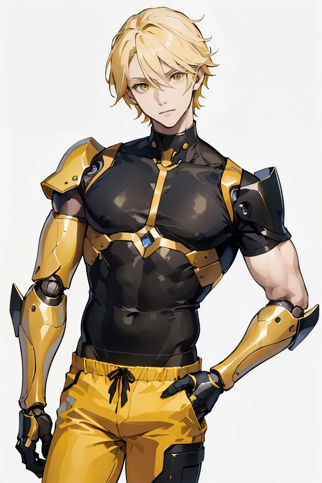 muscular man, Inventor, scientist, fantasy world, Golden hair, Golden eyes, 40 years, bristle, black latex, short haircut, tight clothes,