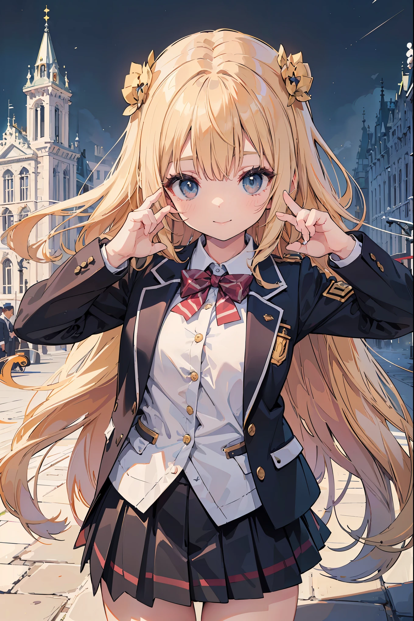 (Absurdity: 1.4), (Superb quality work by the Creator God: 1.4), (Absolute resolution: 1.4), (Highest masterpiece by the God of Arts and Sciences: 1.4), Surrealistic work, (Complex, meticulously detailed and realistic materials and textures and light sources: 1.3), (Perfect anatomy: 1.2), (Overwhelmingly ridiculous absurdity in the creation of the universe (1.3),
BREAK.
(((cute)):1.3), illustration featuring a girl. She is wearing a uniform from a well-known school where blazers are popular, with a deep gray blazer, white piping, and a fresh blue checked skirt. She is drawn to evoke realistic fabrics and textures, and the buttons and ribbons on her blazer and the pleats on her skirt are ultra-detailed. She smiles and waves to the viewer.
BREAK
(depth of field: 1.4), looking at the viewer, ((perfect pixels, 8K wallpaper)), one girl, single, alone, reincarnated appearance of Aphrodite, goddess of beauty, immensely beautiful, born actress genius,
BREAK
Aphrodite's reincarnated appearance as a goddess of beauty, immense beauty, BREAK, super exquisite skin, (best lighting by a famous artist: 1.2), (charming poses acting instruction by a very famous master: 1.4), cute illustrations.
BREAK
The most beautiful square in the world, (Grand-Place: 1.3), (Photo session of beautiful girls in a world heritage square: 1.15), Bold composition, (Poses that captivate viewers: 1.2), Dazed background