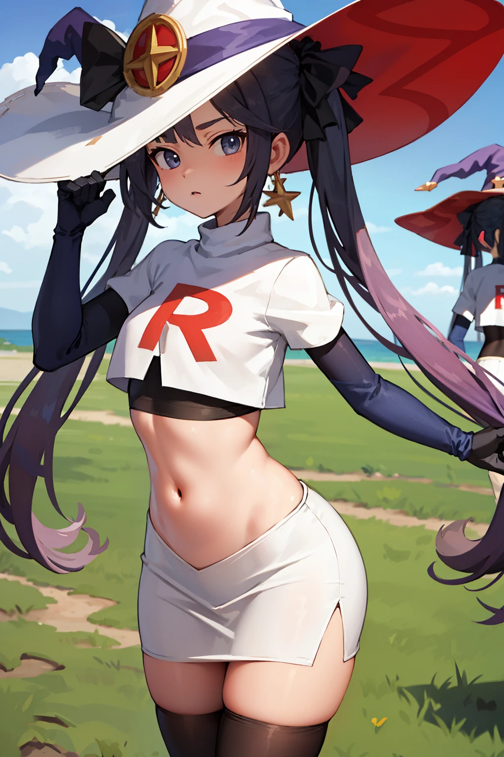 ((masterpiece,best quality)), team rocket,team rocket uniform, red letter R, white skirt,white crop top,black thigh-highs,black elbow gloves zettai ryouiki, aamona, long hair, twintails, hair ornament, black ribbon, earrings, witch hat, purple headwear, cowboy shot,