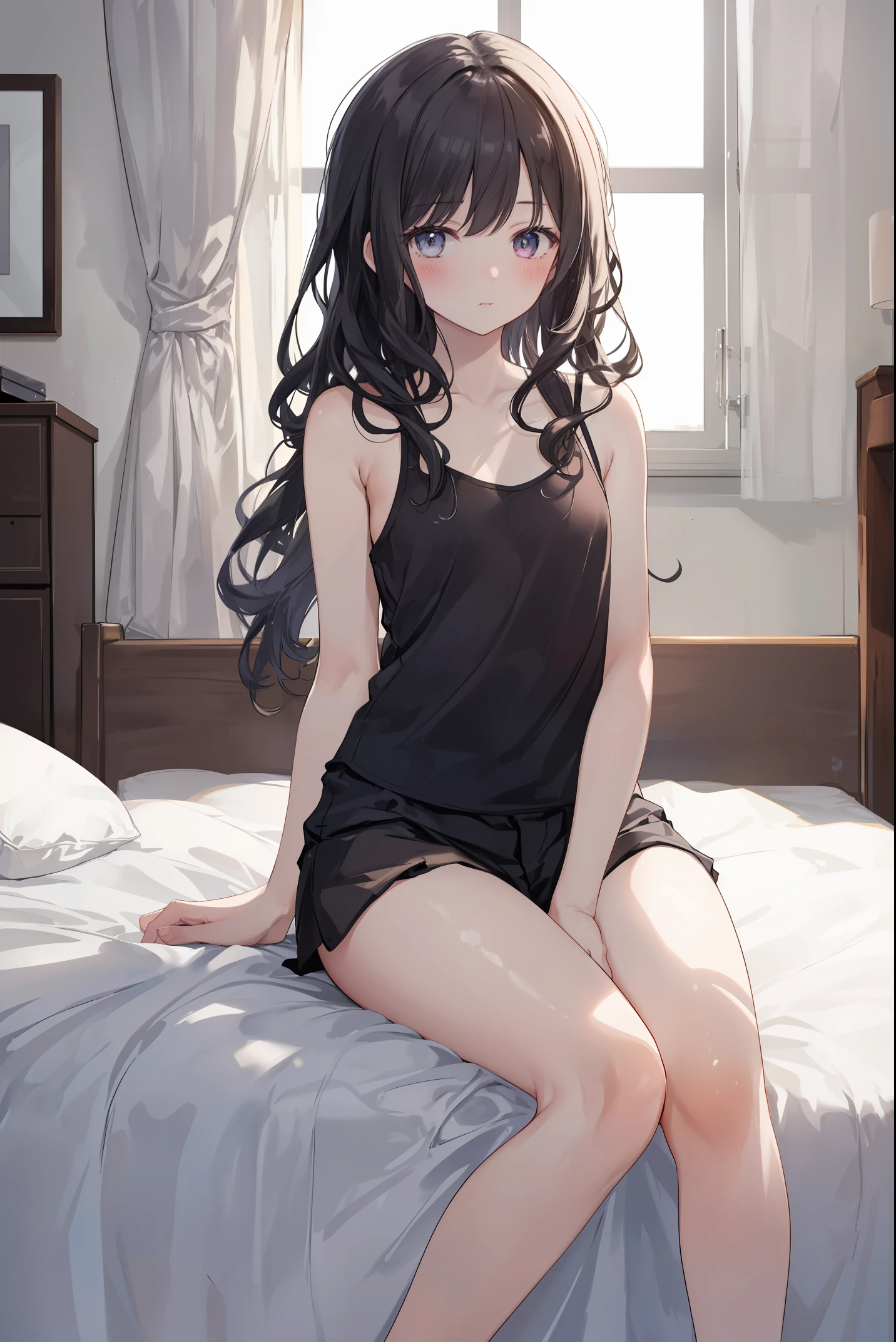 Anime girl sitting on a bed in a black dress - SeaArt AI