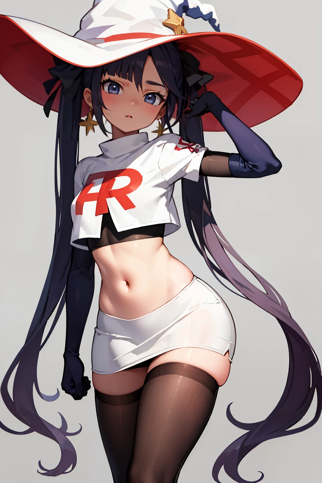 ((masterpiece,best quality)), team rocket,team rocket uniform, red letter R, white skirt,white crop top,black thigh-highs,black elbow gloves zettai ryouiki, aamona, long hair, twintails, hair ornament, black ribbon, earrings, witch hat, purple headwear, cowboy shot,