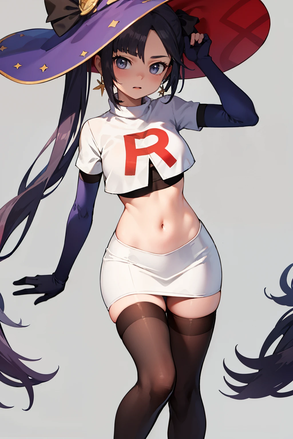 ((masterpiece,best quality)), team rocket,team rocket uniform, red letter R, white skirt,white crop top,black thigh-highs,black elbow gloves zettai ryouiki, aamona, long hair, twintails, hair ornament, black ribbon, earrings, witch hat, purple headwear, cowboy shot,