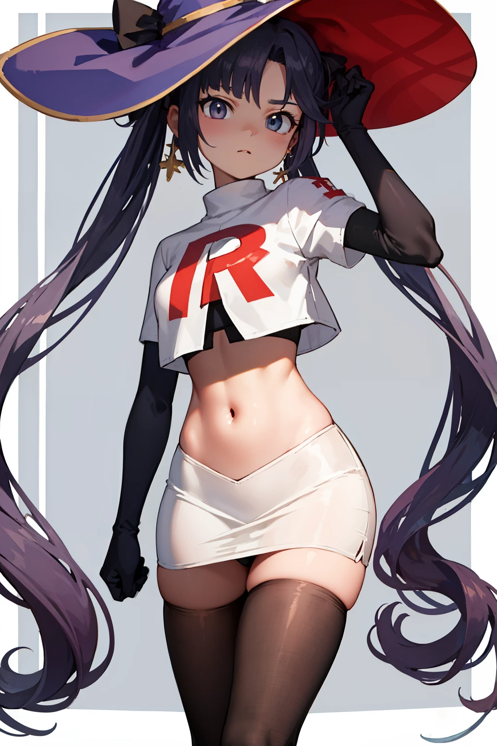 ((masterpiece,best quality)), team rocket,team rocket uniform, red letter R, white skirt,white crop top,black thigh-highs,black elbow gloves zettai ryouiki, aamona, long hair, twintails, hair ornament, black ribbon, earrings, witch hat, purple headwear, cowboy shot,